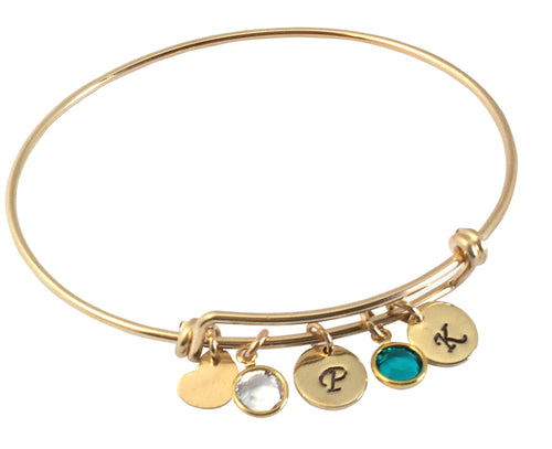 Custom expandable bangle with initial heart charm birthstone - LillaDesigns