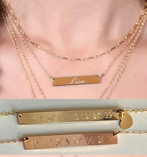 Gold Bar Necklace Name Bar Necklace Initial Engraved Bar Necklace Heart charm Sterling Silver Bar Gold Filled Rose Gold - LillaDesigns