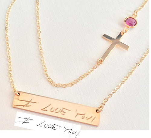 Handwriting necklace Memorial Necklace Layered Necklace cross actual Handwritten Necklace / drawing engraved Rose Gold Personalized engraved