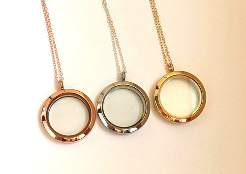 3-D Glass Locket Necklace - Rhodium Coated Silver Locket - Rose Gold Locket Gold locket memory locket - clear view locket