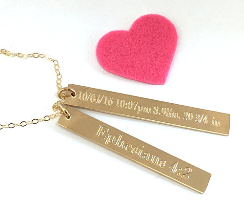 Mothers day Gift New Baby Necklace Gold Bar personalized Date Custom double bar new mom pregnancy gift for her keepsake 14 K gold filled - LillaDesigns