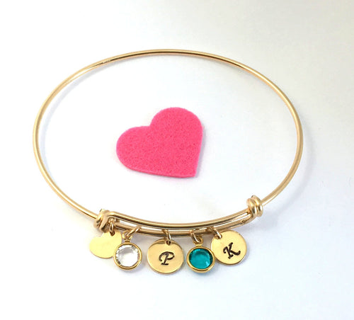 Personalized Bangle Bracelet Mothers Initial jewelry Mom Mommy Custom expandable letter heart charm birthstone 14k gold fill sterling silver - LillaDesigns