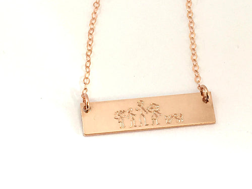 Personalized Stick Figure Family Necklace, Custom Gold Bar Engraved Necklace - LillaDesigns