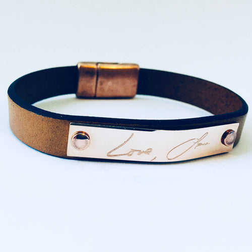 Fathers Day Gift for Dad Custom Handwriting Bracelet Personalized Leather Copper gold plate bracelet women gift for him her unisex bracelet