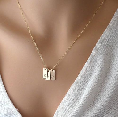 Mini Tag Initial Necklace Simple Initials dainty Necklace Multiple name Necklace Gift for wife hand stamped initial 14K Gold sterling silver