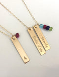 Mom Necklace with kids names Custom engraved bar initial reversible engraving birthstone charm added vertical bar 14 K gold sterling silver