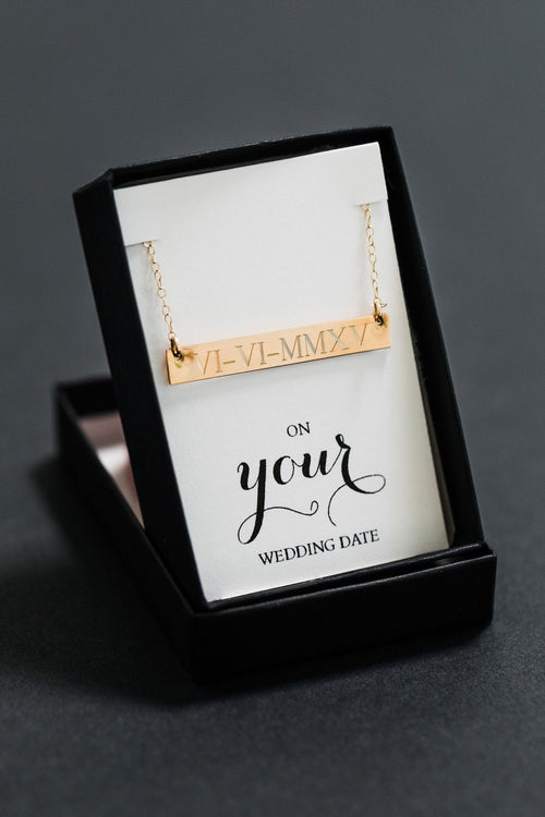 Gold bar Necklace Wedding date necklace Roman Numeral Personalized necklace Nameplate