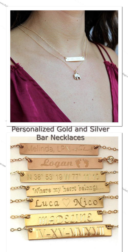 Bar Necklace - Custom Engraved Name Necklace 14 K Sterling Silver - Gold Roman Numeral - Date Personalized necklace - Nameplate Horizontal