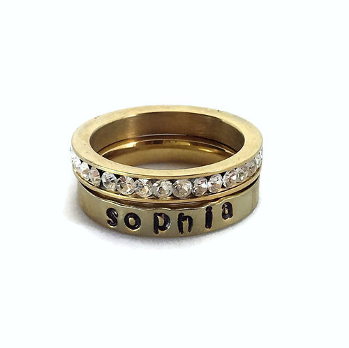 Name Ring Personalized Stacking Ring Set of 2 Rings Handstamped ring Mom ring, Custom Name CZ Ring