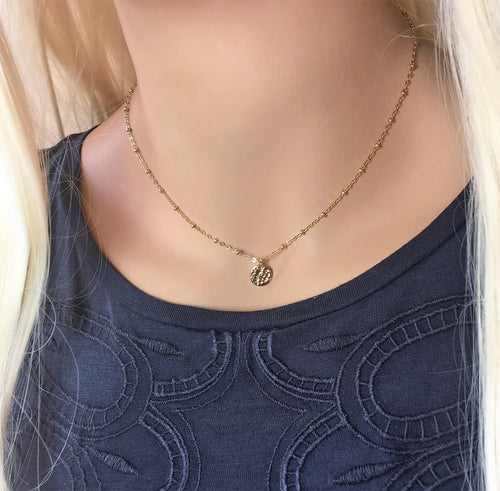 Tiny Gold disc hammered round disc Beaded Choker Gold Satellite Chain Necklace Dainty 14K Layering Necklace Everyday Jewelry Gift for Her