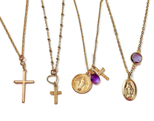 Catholic Jewelry Gift for her Catholic Woman Personalized Cross Necklace Virgin Mary Necklace Heart Birthstone gold saint medallion rosary