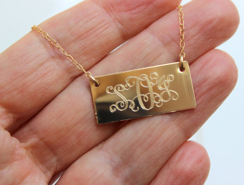 MONOGRAMMED initials 3 letter Disc Gold two 2 hole Rectangle Necklace, Customized