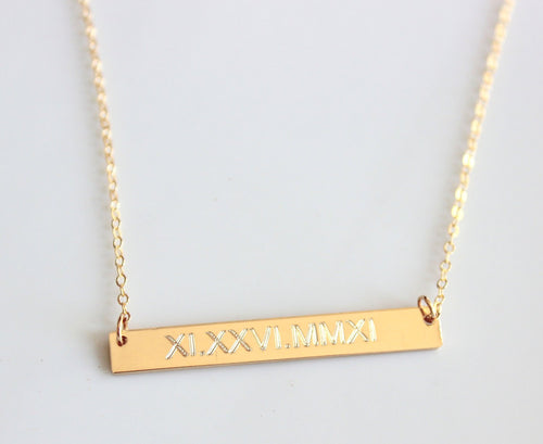 Bar Gold Roman Numeral Wedding Date Custom Personalized necklace Nameplate Engraved Horizontal Initial Monogram name neckla