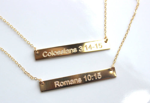 Bible Verse Necklace. Custom Engraved Personalized Necklace - Nameplate Gold Bar - Sterling Bar Quote Necklace - Sentence Roman Numeral Date - LillaDesigns
