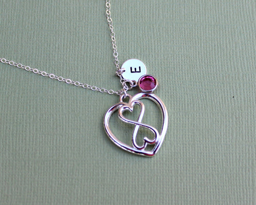 Heart Infinity Disc Necklace - Birthstone Mother and Child,  Silver Triple Heart Pendant - LillaDesigns