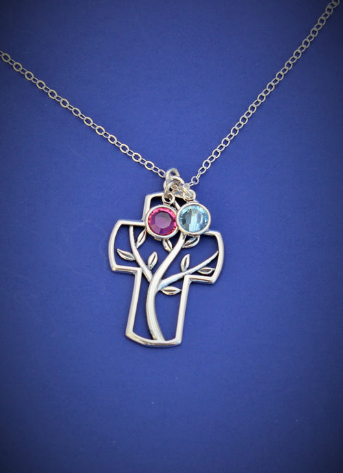 Family Tree Necklace Mothers Necklace -Tree of life - Necklace -Catholic jewelry-Cross Necklace - Sterling Silver- Birthstone Tree Necklace