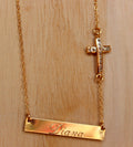 Cross Necklace with Gold Bar Nameplate - CZ side-way cross Memorial Necklace - Engraved - Personalized Side-way Cross - Monogram Name -