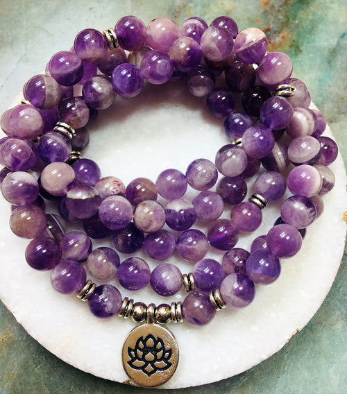 Chevron Amethyst Mala Bracelet 108 beads