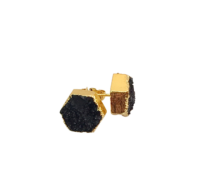 Black Noir Collection - Druzy Stud Hexagon Earrings - LillaDesigns