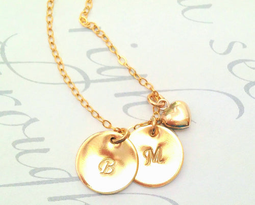 Gold Initial Necklace Personalized Disc Necklace Handstamped Initials - LillaDesigns