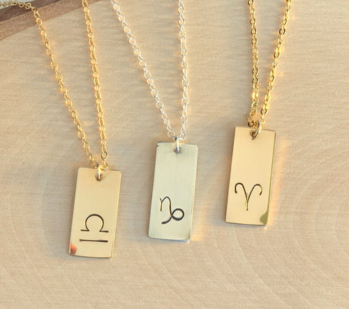 Zodiac Gift -Zodiac Gold or Sterling Silver Necklace - Birthstone added handstamped zodiac signs constellation necklace gold filled