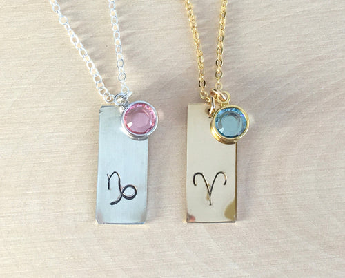 Zodiac Jewelry - Zodiac Gold or Sterling Silver Necklace - Birthstone added handstamped zodiac signs constellation necklace gold filled