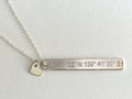 Custom Coordinates Vertical Necklace, Vertical Long Bar Reversible clover lucky charm added