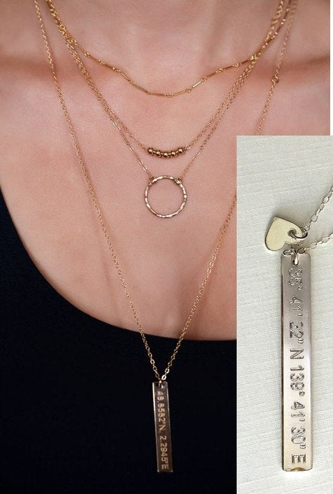 Custom Coordinates Vertical Bar Necklace, Heart Charm Reversible Location GPS Coordinates