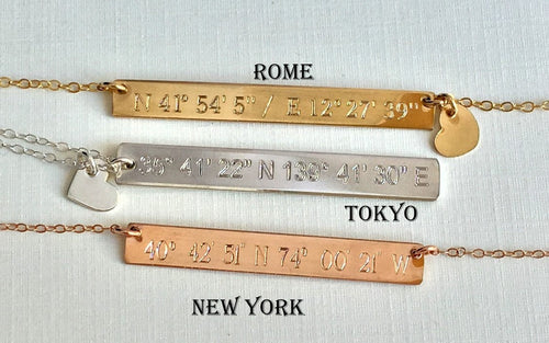 Reversible Custom Coordinates Necklace Location GPS coordinate  Latitude Longitude 14K Gold fill engraved bar Sterling Silver Rose Gold