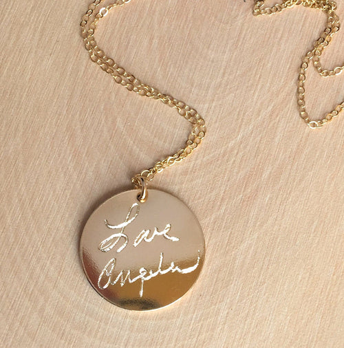 Custom Handwriting necklace Memorial Gold Necklace - Personalized Round Disc Handwritten Necklace - Gold Round pendant handwriting  Necklace