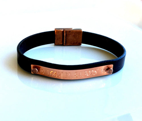 Copper and Leather Personalized Man's Bracelet Coordinate engraved Copper custom leather bracelet for men gift for him Altitude Longitude - LillaDesigns