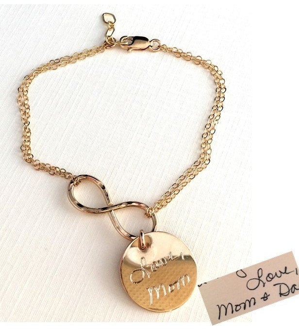 Actual Handwriting Bracelet Custom infinity charm- Personalized Custom Handwriting Gold Round charm rose Gold  Handwritten memorial Jewelry