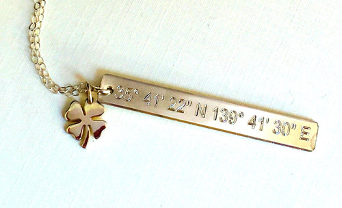 Custom Coordinates Vertical Necklace, Vertical Long Bar Reversible clover lucky charm added