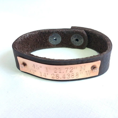 Coordinate Bracelet Gift for him Leather Men Personalized Bracelet Engraved Copper Bracelet brown leather Boyfriend gift  Mens Bracelet