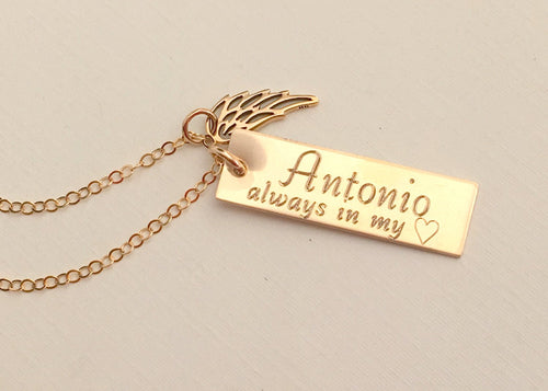 Gold Memorial Necklace Memorial Gift Engraved Name Necklace Rememberance Gold Angel Wing Charm Baby Angel Loss Necklace Christmas Gift - LillaDesigns