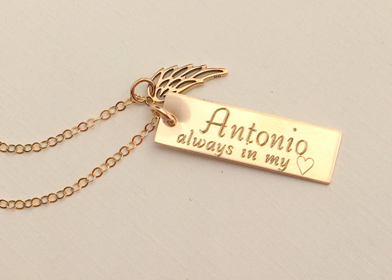 Gold Memorial Necklace Memorial Gift Engraved Name Necklace Rememberance Gold Angel Wing Charm Baby Angel Loss Necklace Christmas Gift - LillaDesigns