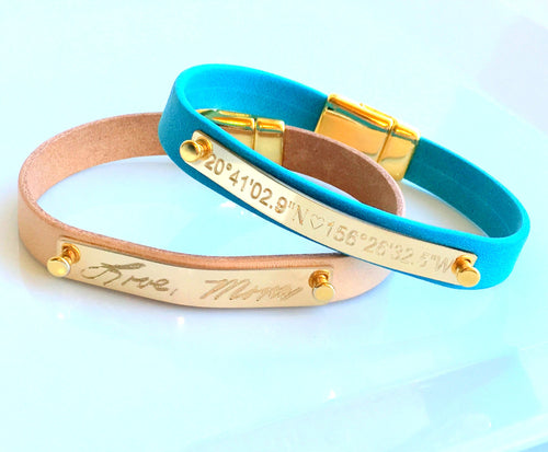 Leather Bracelet, Custom Personalized Leather Women Bracelet Copper plate unisex leather with plate