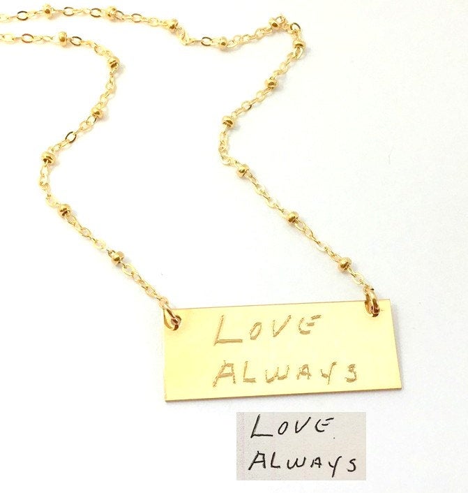 Custom Handwriting Jewelry Handwritten Necklace Gold bar rectangle necklace memorial jewelry gift for her own handwriting loves ones writing