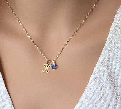 Birthstone Necklace Initial Personalized Script Letter Necklace Dainty Necklace Gold filled Initials, Letter Charm Necklace