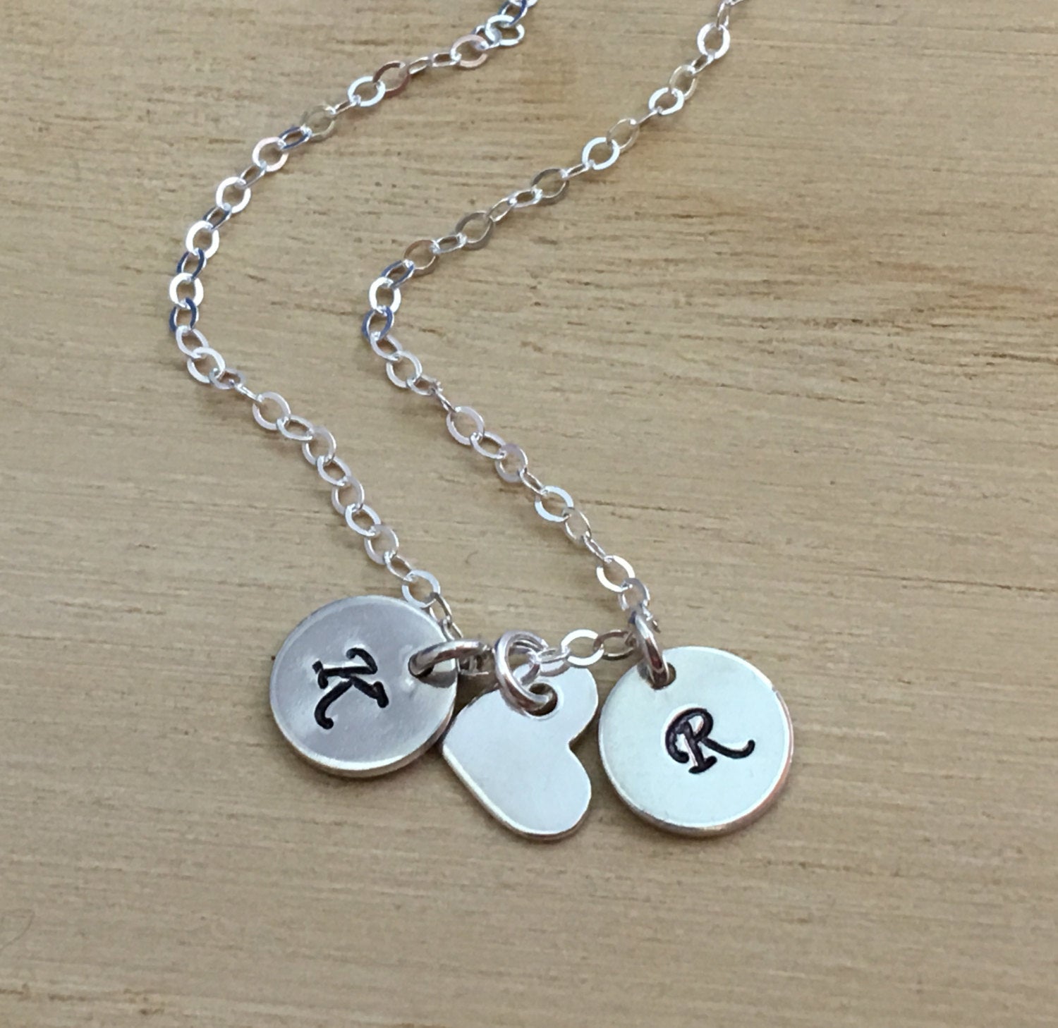 Layered monogram initial pendant necklace & heart charm in all sterling  silver - custom engraved