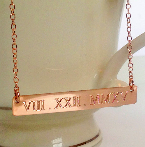 Rose Gold Bar Necklace Roman Numeral Date Necklace,  Custom engraved