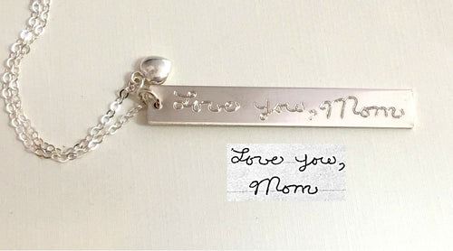 Handwriting Necklace Vertical Bar Sterling Silver Custom handwriting Necklace with heart/ Gold Filled Necklace memorial handwritten jewelry