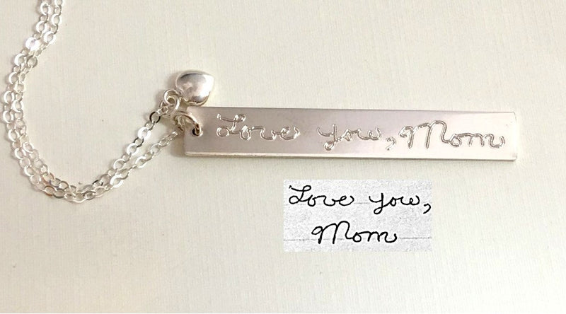 Handwriting Necklace Vertical Bar Sterling Silver Custom handwriting Necklace with heart/ Gold Filled Necklace memorial handwritten jewelry