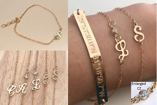 Script Letter Bracelet Personalized Initial Valentines Day gift  bracelet CZ Diamond accent gift for her 14 K Gold filled sideways letter