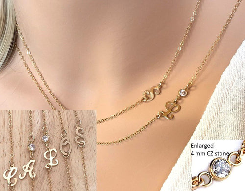 Personalized Sideway initial necklace, Script letter necklace CZ diamond dainty initial charm celebrity style initial necklace - LillaDesigns