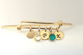 Personalized Bangle Bracelet Mothers Initial jewelry Mom Mommy Custom expandable letter heart charm birthstone 14k gold fill sterling silver - LillaDesigns