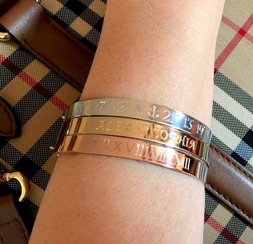 Roman Numeral Bracelet Gold Cuff wedding date Personalized  Engraved Half Cuff Adjustable Bracelet Reversible Engraved 2 side Gift for Her