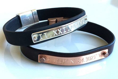 Fathers Day Gift Leather Bracelet Personalized Unisex Coordinate engraved Copper plate custom leather bracelet for men gift for him for dad - LillaDesigns