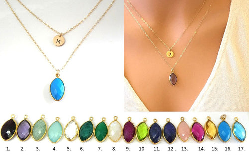 Layered Necklace Birthstone Gem Initial Necklace multi-strand Layering gold dainty 2-layer Gift for Her Gold Filled Bridesmaid wedding gift