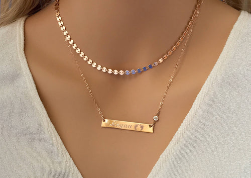 Gold Bar Layered Necklace Gold Coin Choker Necklace Rose Gold Sterling Silver Delicate Layering personalized 2 layer set necklace Engraved
